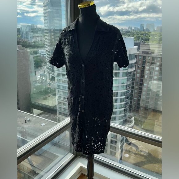 🆕 FARM Rio 🧿 NWOT Black Semisheer Floral Button-Up Crochet Cover-Up Dress, S - Picture 3 of 16